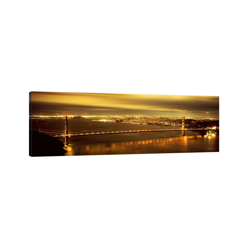 Suspension Bridge Lit Up At Dusk, Golden Gate Bridge, San Francisco, California, USA - Wrapped Canvas Panoramic Print