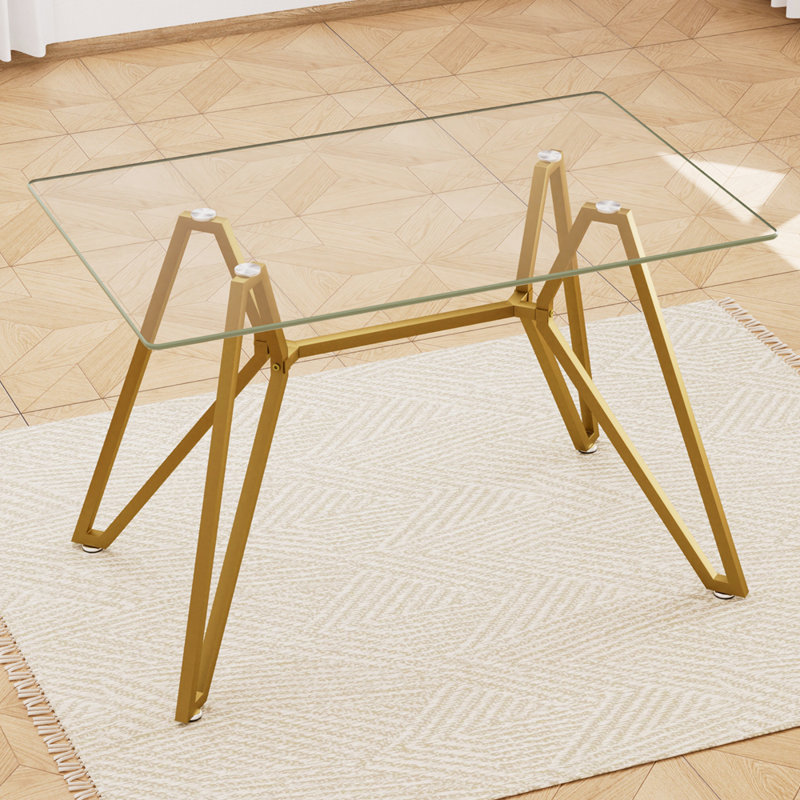 47.3-Inch Rectangular Glass Dining Table, Suitable For 1-6 People, Modern Style Home Kitchen Dining Table, Equipped With Sturdy Metal Table Legs,Suitable For Dining Room,Living Rooms, Offices, Gold