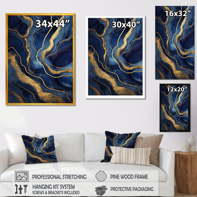 Décoration murale en marbre bleu et or abstrait II, H 44 po x l 34 po x P 1,5 po, Cadre simple noir