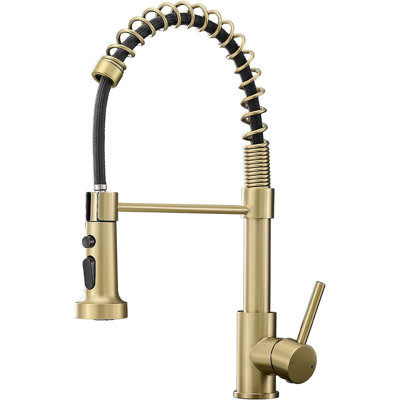 Robinet de cuisine en or brossé avec pulvérisateur rétractable, robinet à ressort commercial à poignée simple, robinet d'évier à arche haute à un trou pour ferme, camping-car, bar et salle de lavage