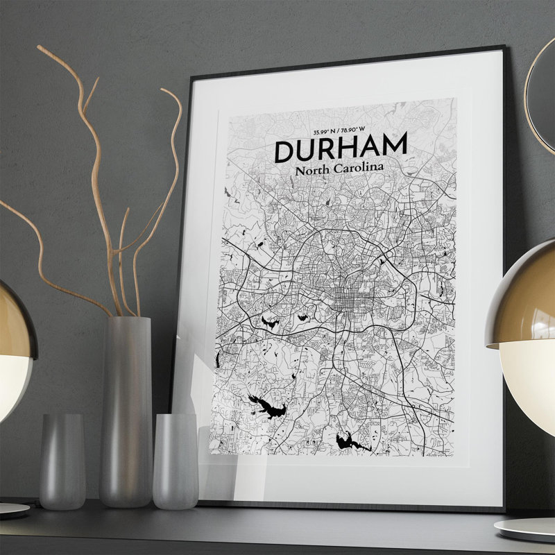 Durham City Map, impression, H 36 po x l 24 po, Noir et blanc