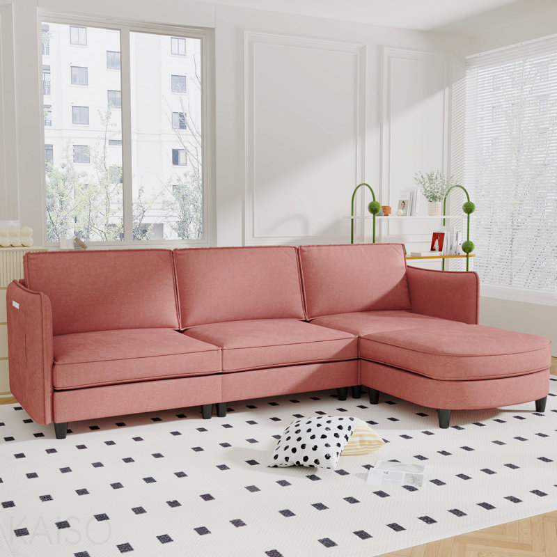 Canapé 3 places de 107,8 po de large taille, canapés en L avec repose-pieds mobile, accoudoirs avec poches, canapé en tissu moderne