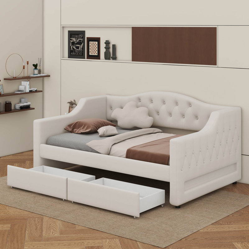 Upholstered Daybed With LED Belt And 2 Drawers, Beige, Twin XL