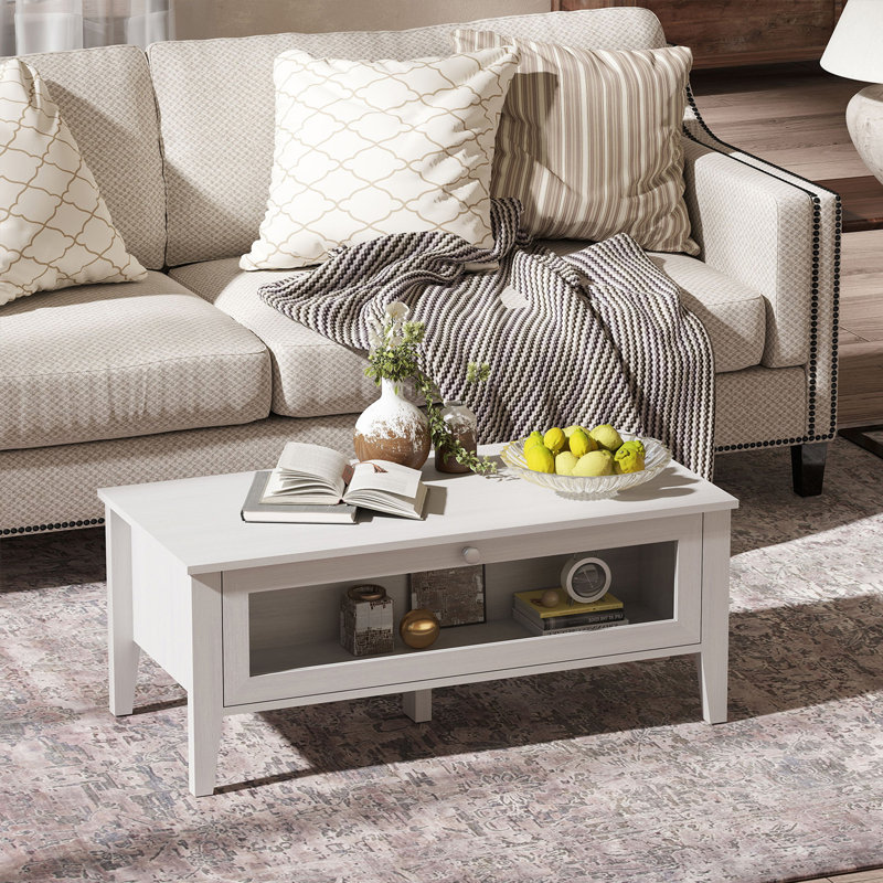 Table basse moderne de 39,4 po de largeur avec porte rabattable en verre et rangement fermé, blanc
