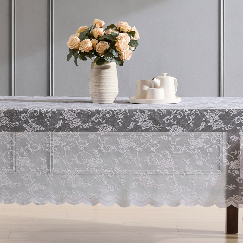 Winston Porter Marlow Floral Lace Fabric Tablecloth, Lace Fabric Table Cloth for Oval Tables, Wrinkle Resistant Tablecloth, Patterned Scalloped Tablecloth (60 W x 84 L)