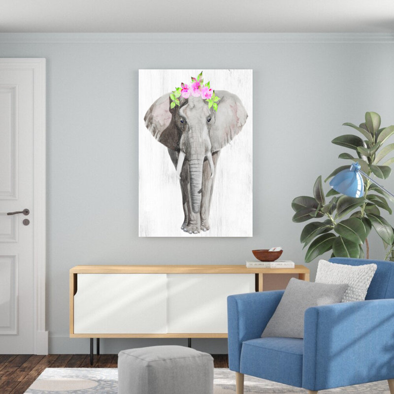 Éléphant avec couronne de fleurs - reproduction d'art sur toile tendue, H 48 po x l 32 po
