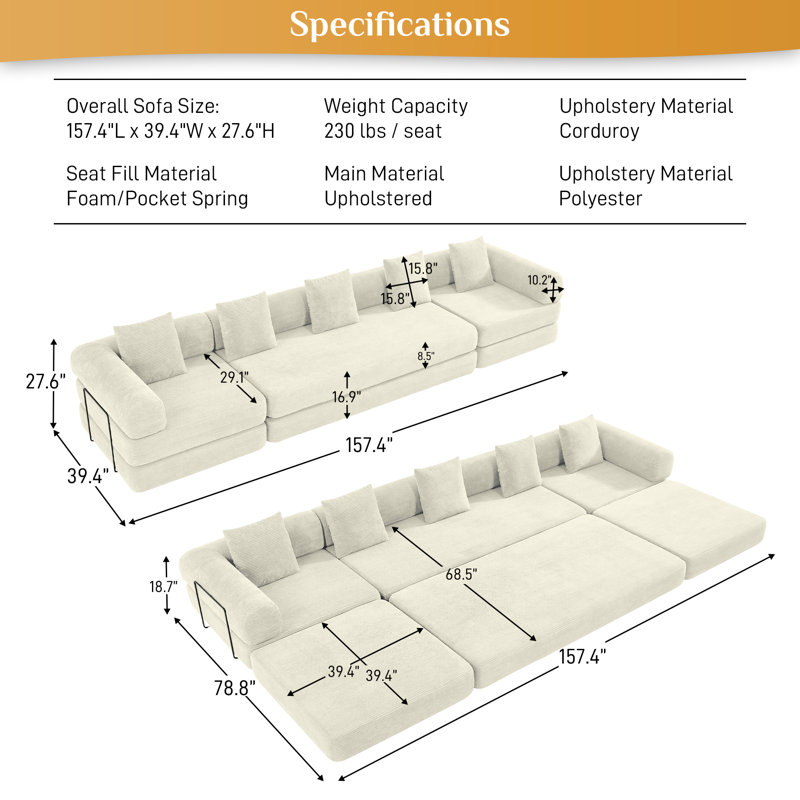 Convertible Boneless Sectional Sleeper Sofa Bed Modular Compression Couch With Removable Back And Arm, White Corduroy