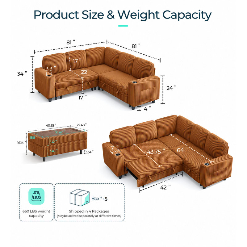  Canapé modulaire rembourré de 81 po avec repose-pieds Sherry, canapé coulissant, support de rangement USB et porte-gobelets Sherry