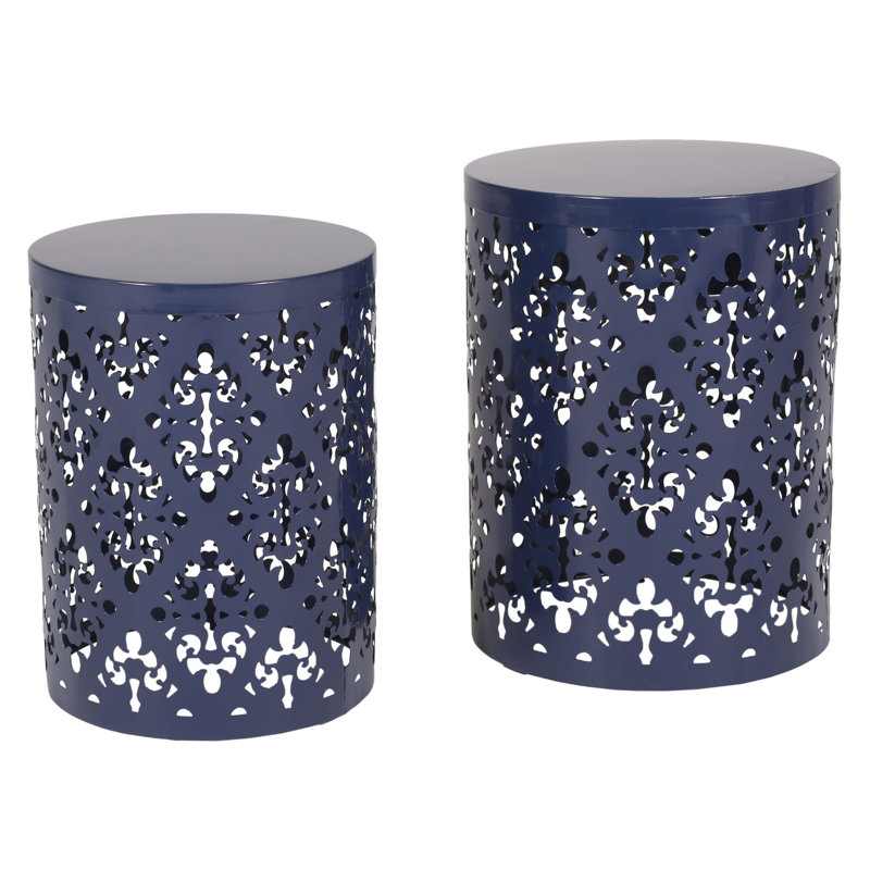 Metal S/2 Side Tables - Modern Design Iron Cut, Navy Blue Shade, Strong Powder-coated Iron, No Assembly Accent Table Cut Feature, Frame, Ready To Place