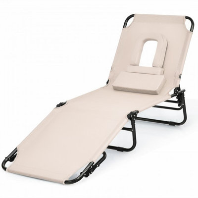 Outdoor Folding Chaise Beach Pool Patio Lounge Chair Bed With Adjustable Back And Hole