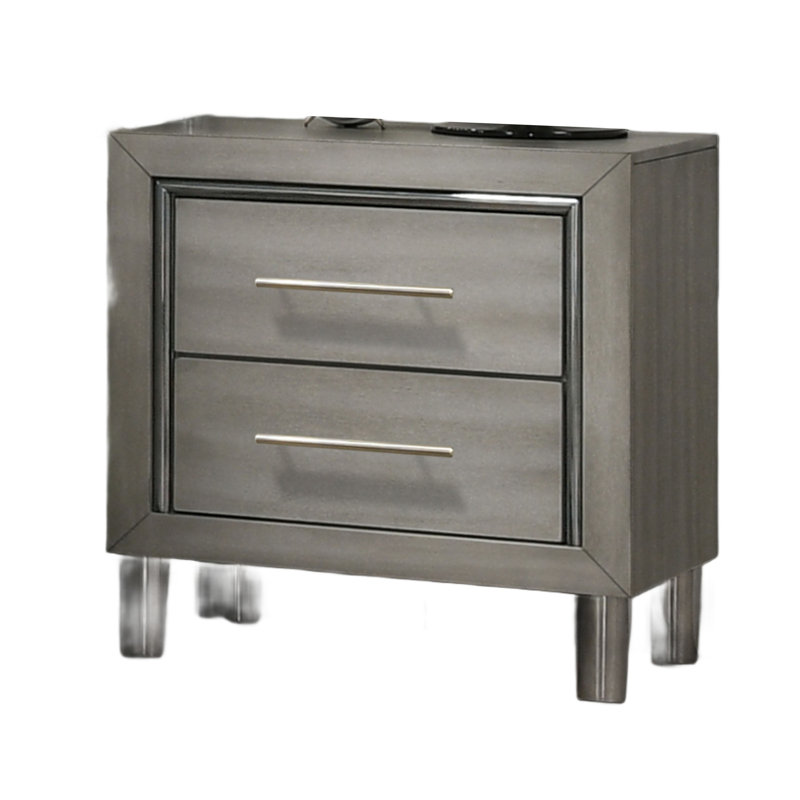 Table de chevet Levy, finition grise moderne avec détails en métal argenté, 27 po