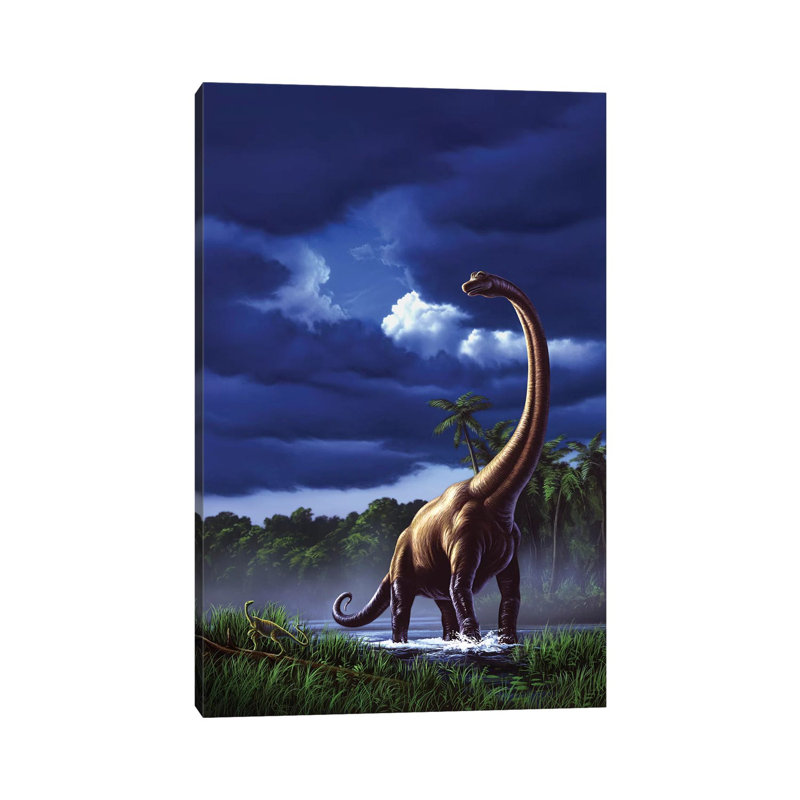 A Startled Brachiosaurus Splashes Through A Swamp Against A Stormy Sky by Jerry LoFaro - Wrapped Canvas Gallery-Wrapped Canvas Giclée