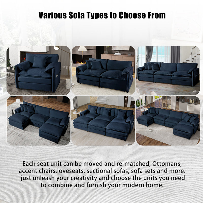 Deep Seat Sectional Cloud Sofa With 2 Ottomans & Soft Pillows, Loveseat Modular Couch For Living Room, Apartment,DIY Combination,Blue