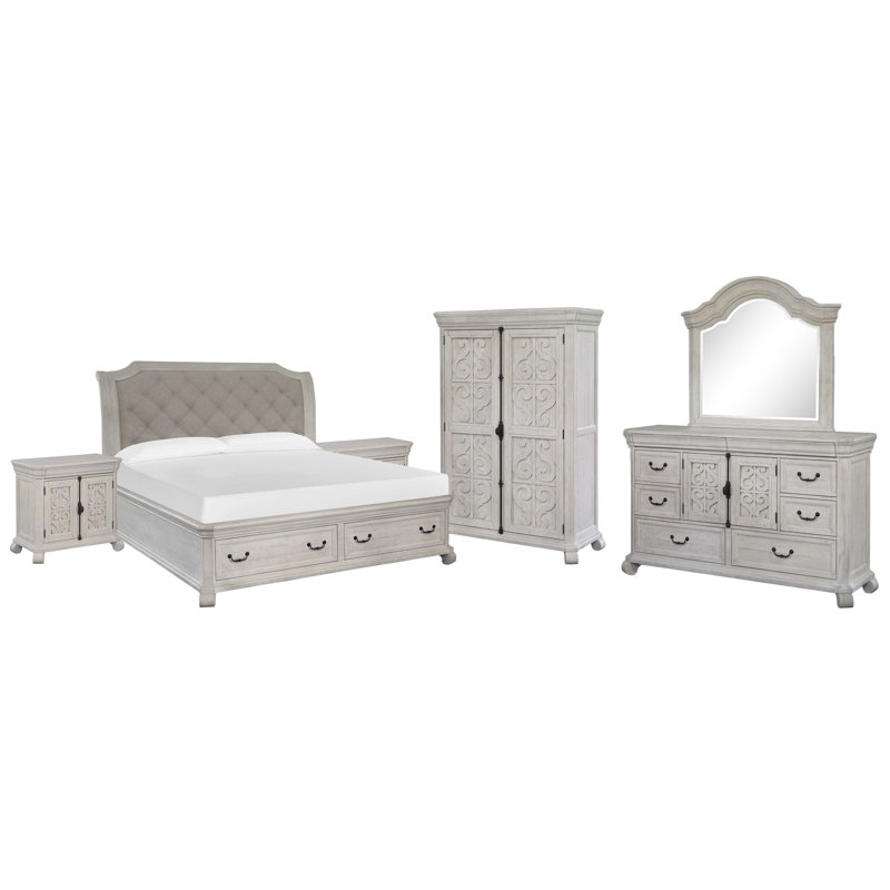Très grand lit californien avec commode à 2 tiroirs avec miroir et armoire, 6 pièces : Lit, 2 tables de chevet, commode, miro