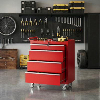 4-Drawer Rolling Tool Chest - Tool storage cabinet with wheels, locking system, drawer liners, and universal lockable wheels. Portable tool cart for garage or workshop. (Red)