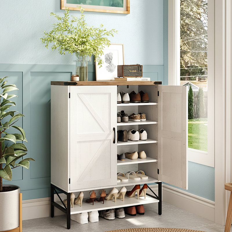 2-Door Barn Door Shoe Cabinet Iron Legs Distressed White Retro Brown Top 31.6 Inch