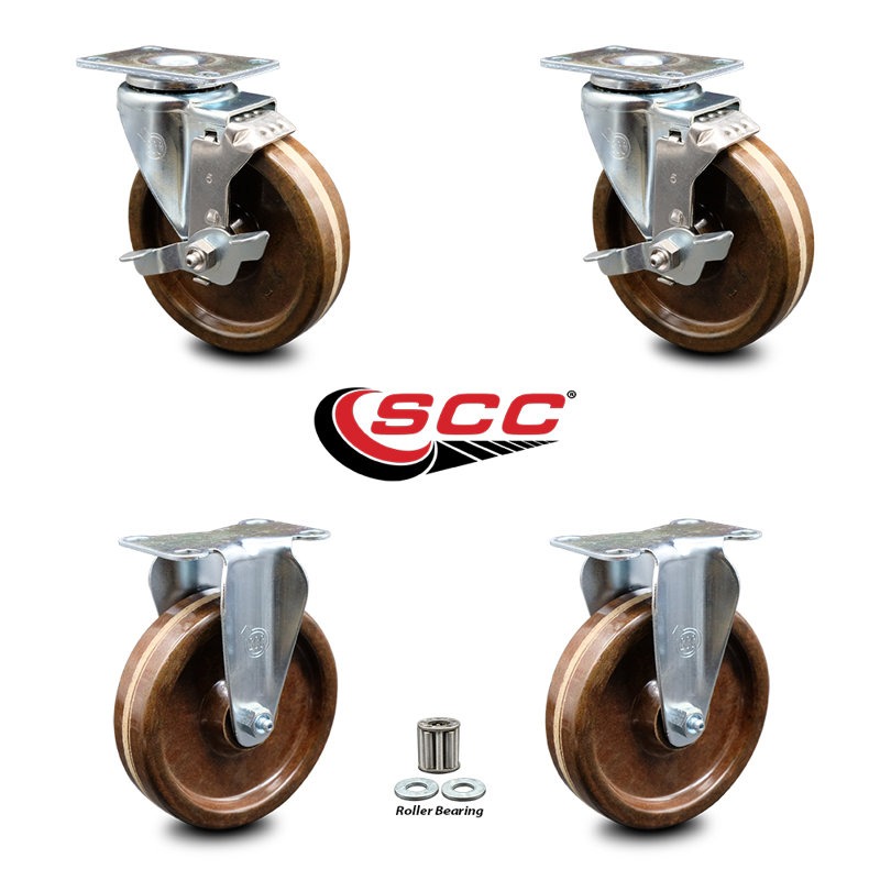 5 Inch High Temp Phenolic Wheel Swivel Top Plate Caster Set with 2 Brake 2 Rigid