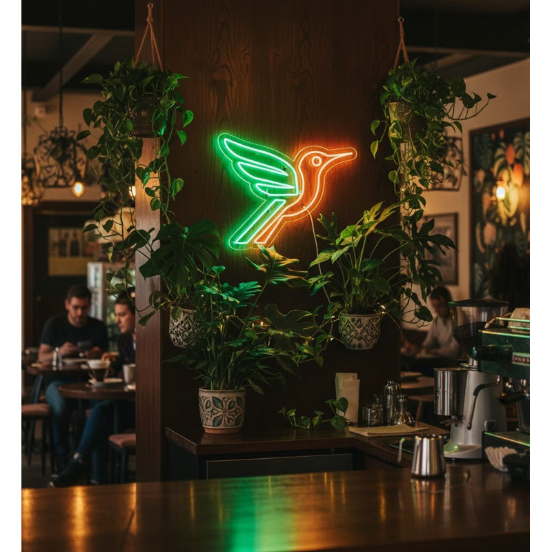  | Enseigne néon à motif colibri | Fabriqué avec des tubes néon durables et écoénergétiques offrant un éclairage uniforme et lumineux pendant plus de 50 000 heures sans décoloration ni scintillement | 24 x 30 | Vert, orange