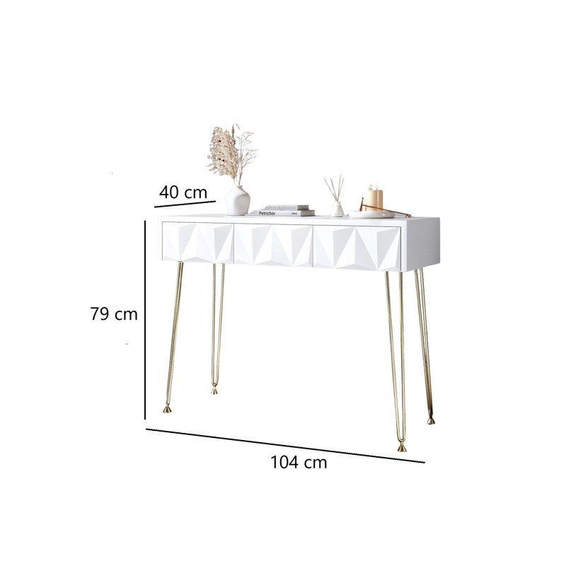 Claudia White 3 Drawers Dressing Table with hairpin legs, Gold/White
