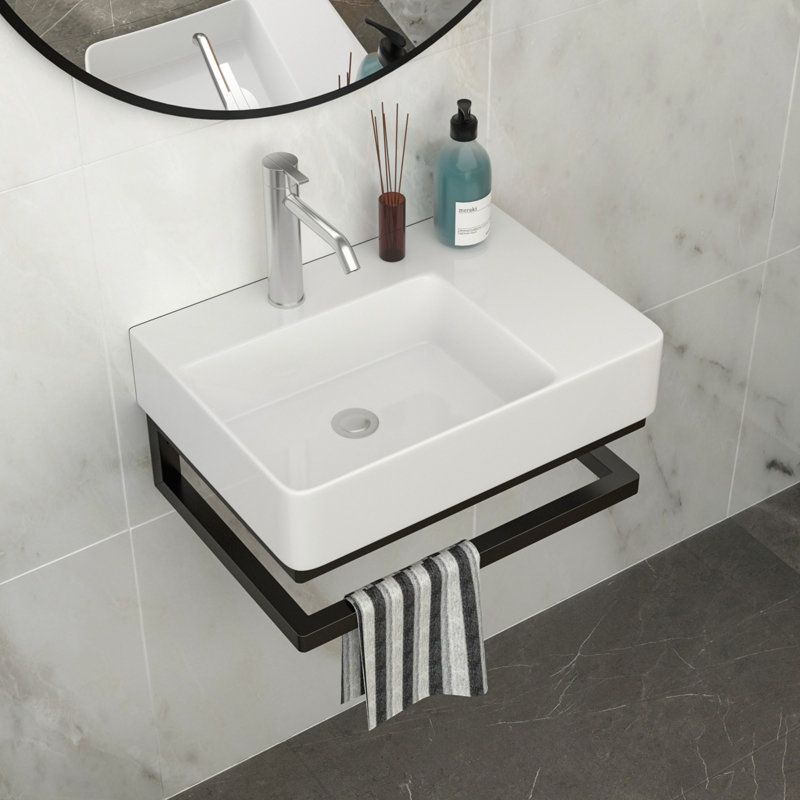 Lavabo de salle de bain mural en céramique rectangulaire avec barre à serviettes noire et trou pour robinet, conception peu encombrante et durable