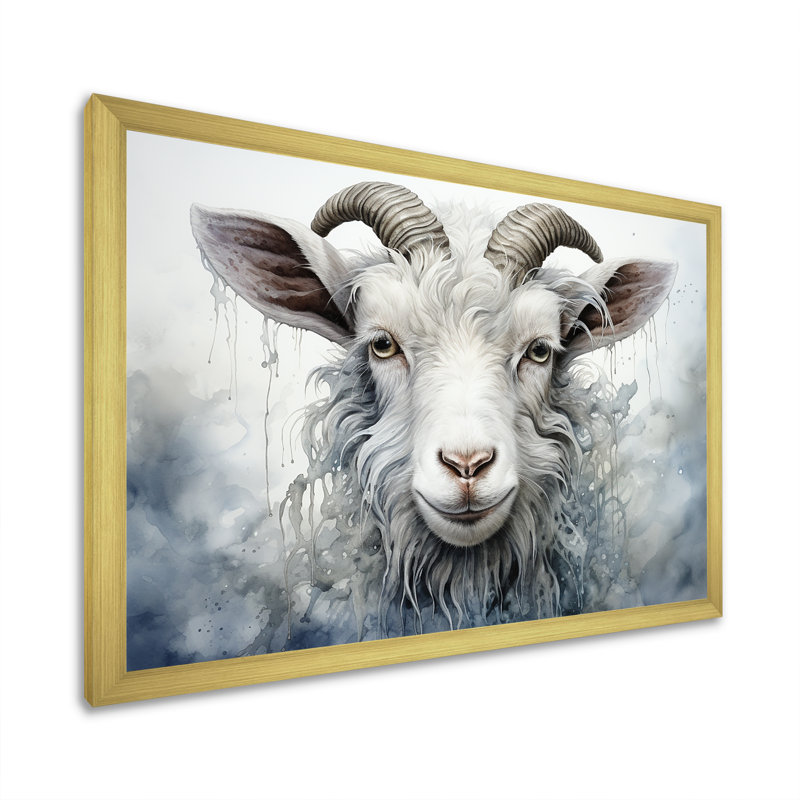 Portrait de chèvre en pâture blanche, Cadre d'angle fermé doré, H 12 po x l 20 po x P 1 po