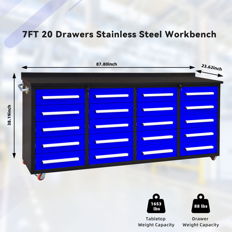 7Ft Garage Storage Cabinets With Workbench (20 Drawers) Blue, Blue