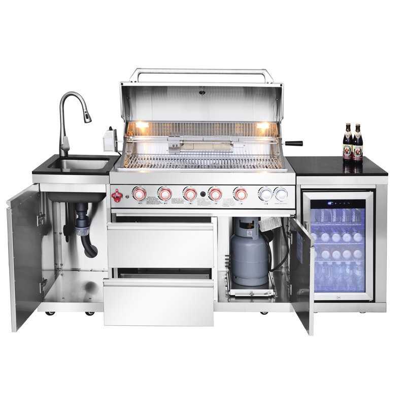 Îlot de cuisine d'extérieur au gaz 85000 avec évier en acier inoxydable, rangement et réfrigérateur compact 85 pouces Silver Design, 304, Silver