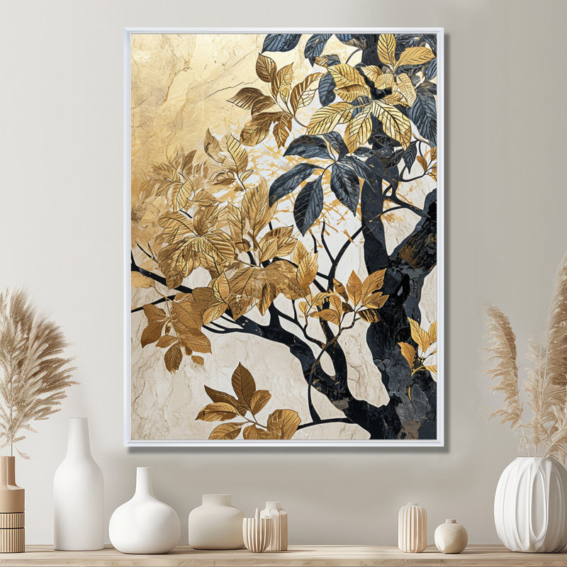 Arbre noir rétro avec feuilles dorées - feuilles, décoration murale, H 20 po x l 12 po x P 1 po