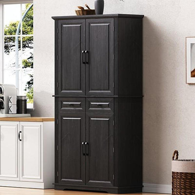 71" Tall Kitchen Pantry Cabinet With 3 Pull Out Cabinet Organizers, Farmhouse Embossed Texture Storage Cabinet With 6 Door Shelves, 2 Drawers, Freestanding Cupboard For Kitchen, Dining Room Black