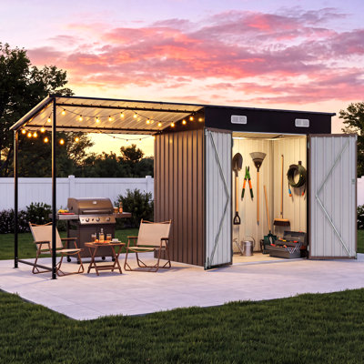 12 po x 4 pi Métal Lean to Shed avec Pergola à côtés ouverts, remise de jardin durable 2 en 1 avec porte verrouillable et évents pour patio, cour arrière, terrasse
