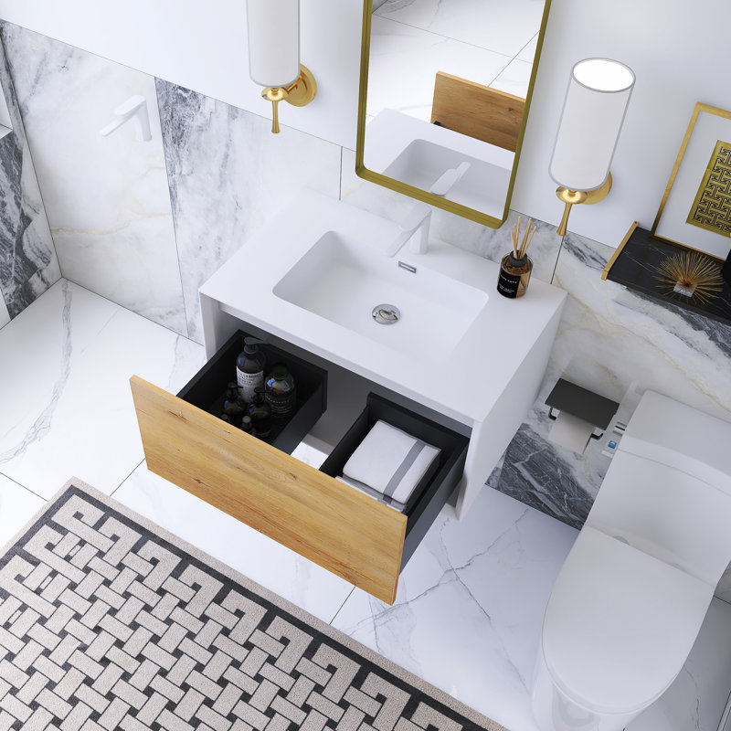 30 In. W Single Solid Surface Sink Wall Mounted Bath Vanity In Oak With Matt White