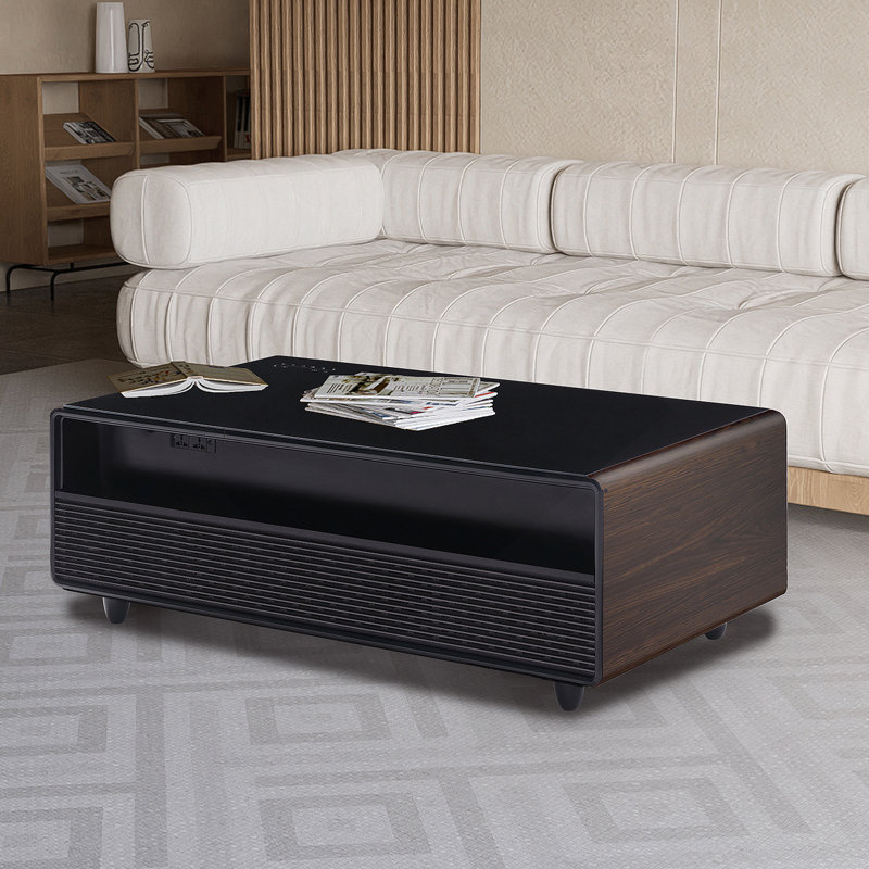 Table basse moderne intelligente avec réfrigérateur intégré, haut-parleurs Bluetooth, chargement sans fil, prise de courant, ports USB, RVB clair, brun