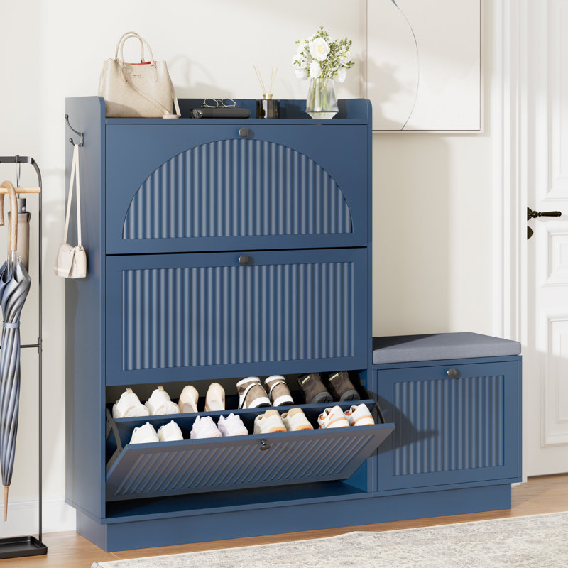 Armoire à chaussures à 3 niveaux avec banc à chaussures, tablettes amovibles, Blue