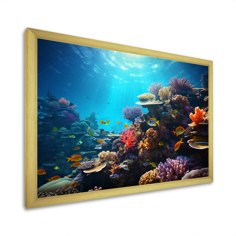 Coral Seascape IV, reproduction d'art sur toile, H 16 po x l 32 po x P 1 po, Cadre doré à une seule photo