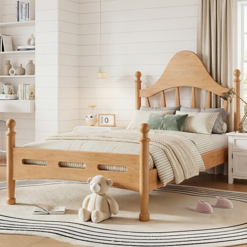 Base de lit plateforme en bois de pin massif avec tête de lit courbée élégante, sommier à lattes en bois robuste, Twin