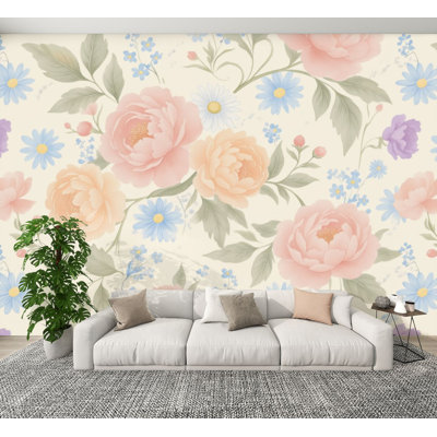 Papier peint adhésif moderne avec motifs floraux pastel doux, marguerites, feuilles vertes, aquarelle, peintures murales, H 100 po x l 144 po, papier peint amovible en PVC, adhésif pour chambre à coucher, bureau à domicile