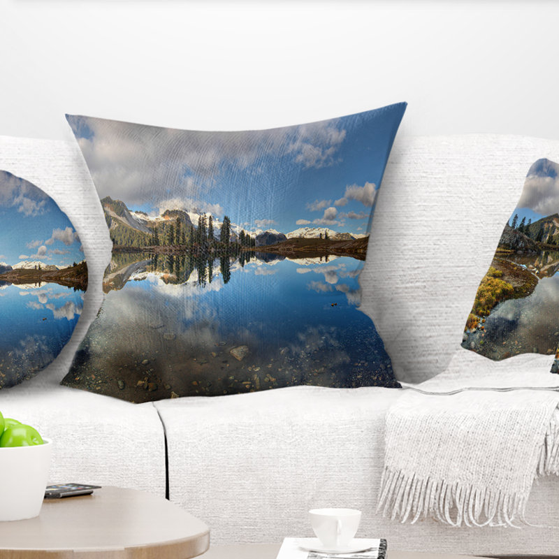 «Clear Lake with Pine Trees Panorama - Coussin imprimé paysage», 16 po x 16 po, Coussin décoratif