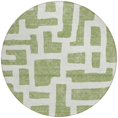8' Green And Ivory Round Abstract Washable Indoor Outdoor Area Rug
