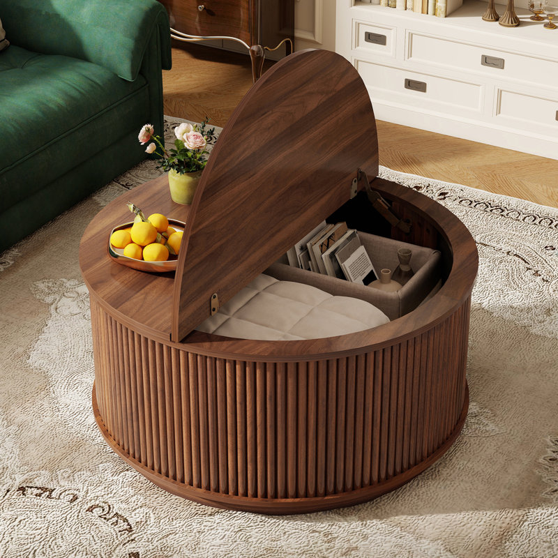 Round Coffee Table with Storage, Wood Center Table for Living Room, Walnut