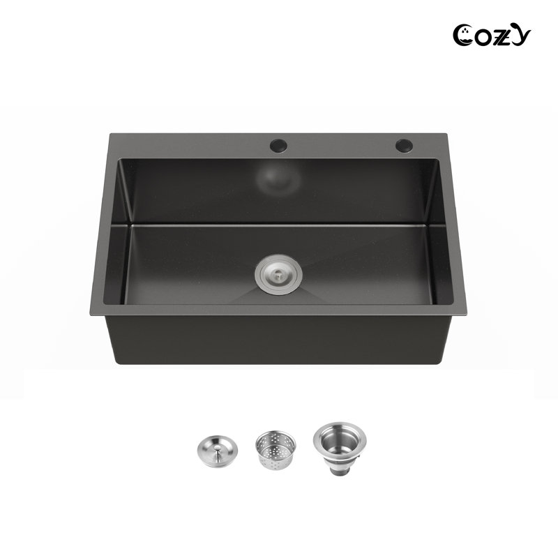 30-inch Single Bowl Overmount Handmade Kitchen Sink Stainless Steel Sink with US Standard Drain and Hook, Satin Black