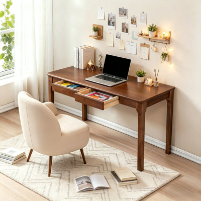 47 Inch Solid Wood Writing Desk with 2 Drawer Storage for Home Office, Minimalist Computer Desk Work Table for Bedroom Study Room, Walnut [Style 1]
