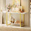 Table d'entrée 47,2 pouces avec plateau en marbre, console moderne à 2 niveaux avec rangement, table d'appoint, pour entrée, couloir, entrée, vestibule, structure en forme de T, marbre blanc et or