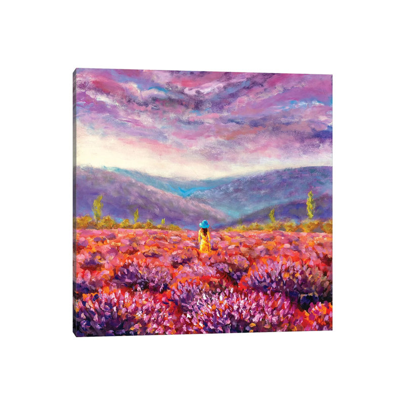 Beautiful Girl In A Yellow Dress Stands In A Flower Field, Lavender Field - Wrapped Canvas Painting, 30.48 cm H x 30.48 cm W