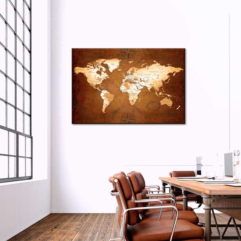 Carte du monde rare sur toile, H 24 po x l 36 po x P 1,25 po