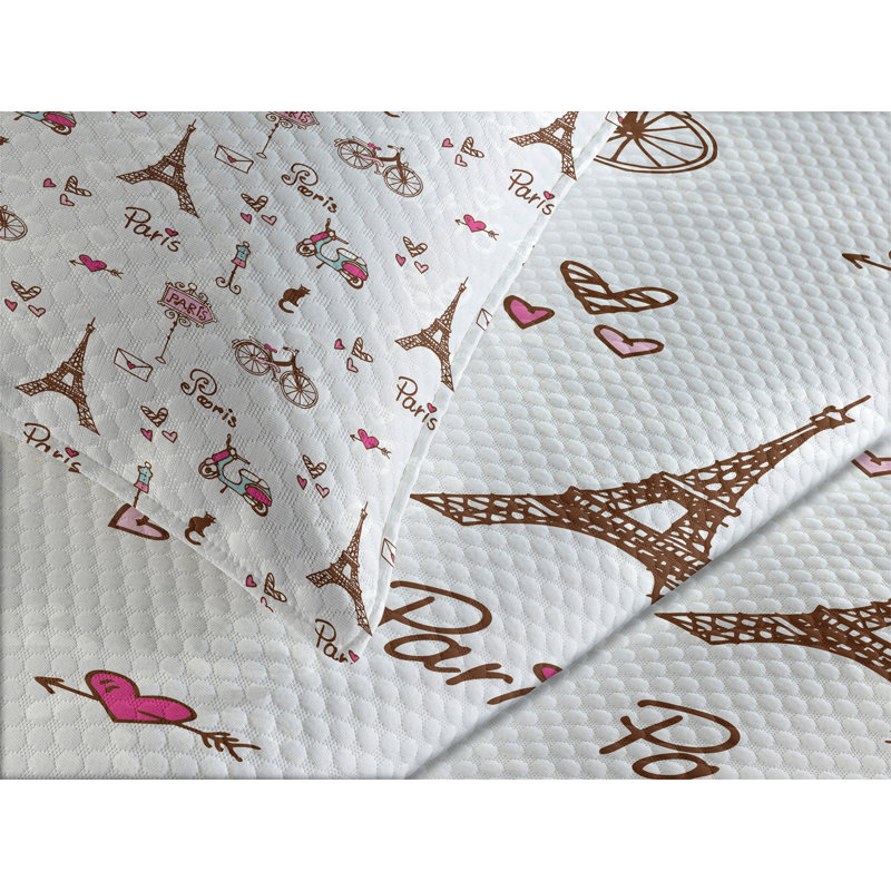 White Quilted Paris Pattern Queen Bedspread Set