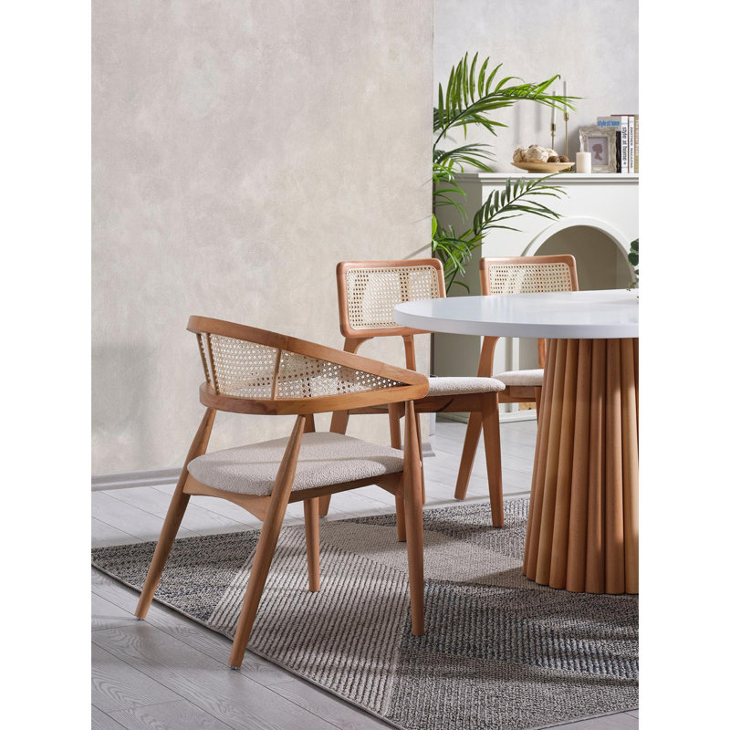 Ensemble de table et chaises de salle à manger moderne (6 pièces), blanc et naturel, 66,9 x 29,5 x 35,4 pouces | Plateau 100% bois de hêtre et panneau de fibres à densité moyenne | 4 chaises (17,7 x 31,9 x 18,1 pouces) + 1 chaise (21,3 x 31,1 x 19,3 