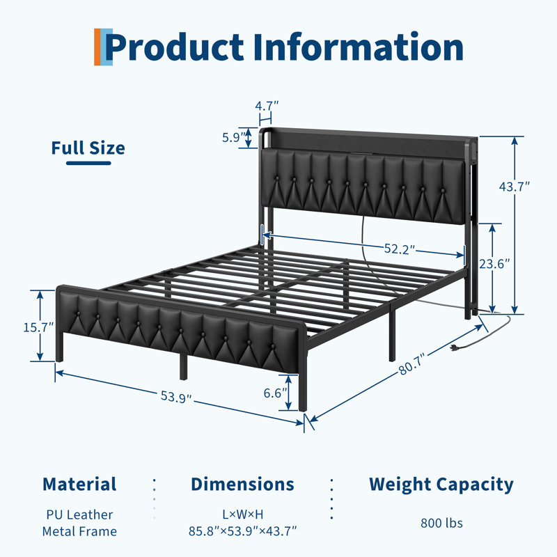 Structure de lit avec station de charge, lit plateforme tapissier en cuir avec tête et pied de lit à boutons de rangement, support de cadre en métal robuste, aucun sommier requis, silencieux, noir