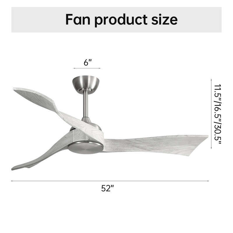 52 Inch Ceiling Fan Without Light 6 Wind Speed Timing Function 3 Solid Wood Blade Reversible Dc Motor, Brushed Nickel, Gray