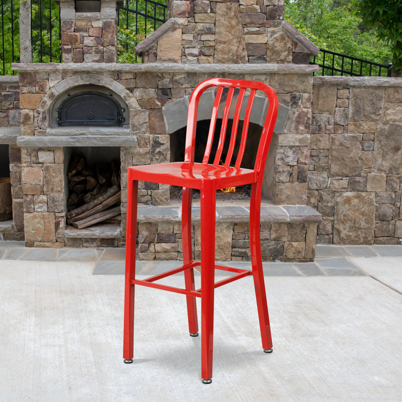 Commercial Grade Metal Indoor-Outdoor Stool with Vertical Slat Back, Red, Bar Stool (76cm Seat Height)