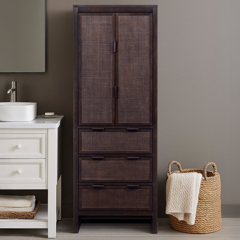 Armoire de rangement en bois massif avec tiroirs, portes incrustées en rotin et tablettes réglables Ameer, Espresso